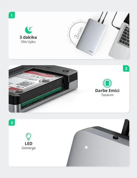 UGREEN 70502 CM301 USB-C 3.1 Gen2 to SATA 3.5"-2.5" SSD/HDD Hard Disk Kutusu + Priz Dönüştürücü Aparatı ürün görseli 1
