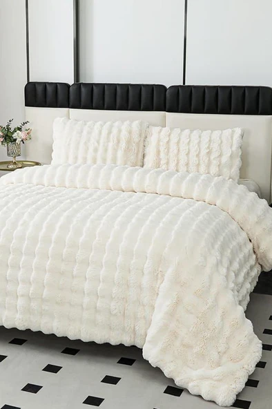 Tomris Tavşan Tüyü Çift Kişilik Yatak Örtüsü 220x240 Cm Krem ürün görseli 1