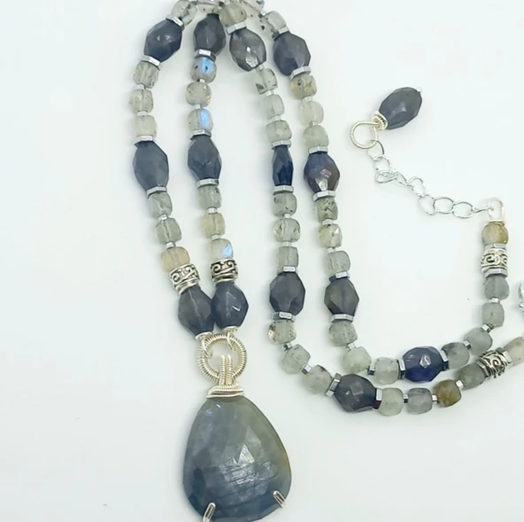 1994 Safir Labradorit İyolit el yapımı kolye ürün görseli 1