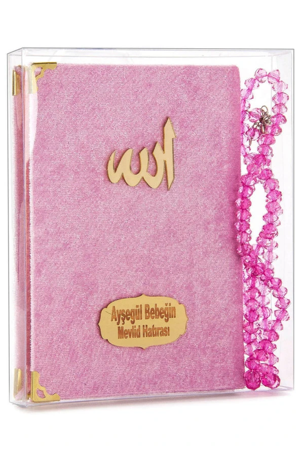 10 Adet Kadife Kaplı Yasin Kitabı - Çanta Boy - İsim Baskılı Plaka - Tesbihli - Şeffaf Kutulu - Pembe - Hediyelik Yasin Seti ürün görseli 1