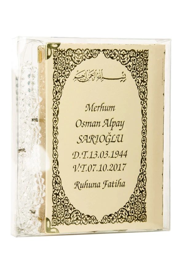 50 ADET - İsim Baskılı Ciltli Yasin Kitabı - Çanta Boy - 128 Sayfa - Tesbihli - Şeffaf Kutulu - Krem Renk - Dini Hediyelik Set ürün görseli 1