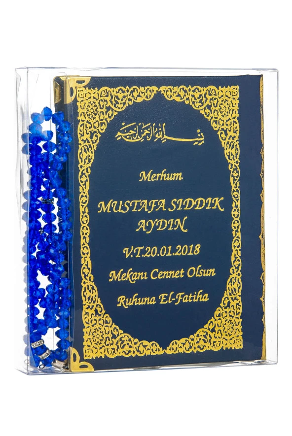50 ADET - İsim Baskılı Ciltli Yasin Kitabı - Çanta Boy - 128 Sayfa - Tesbihli - Şeffaf Kutulu - Lacivert Renk - Dini Hediyelik Set ürün görseli 1