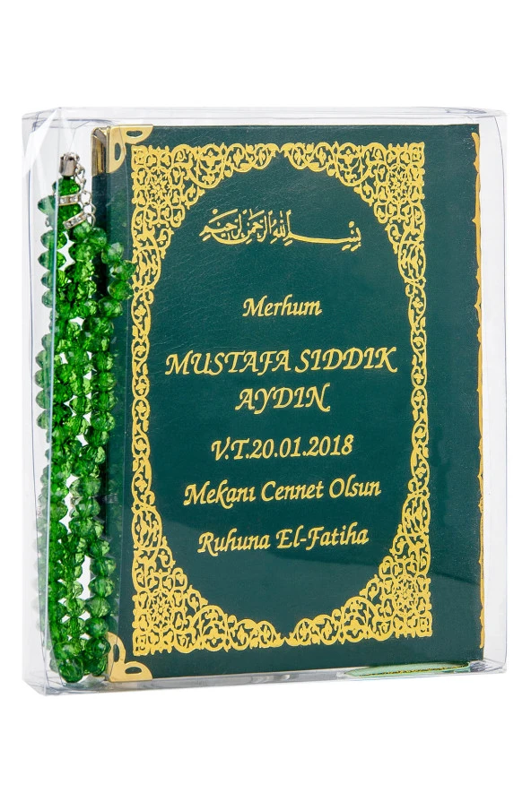 50 ADET - İsim Baskılı Ciltli Yasin Kitabı - Çanta Boy - 128 Sayfa - Tesbihli - Şeffaf Kutulu - Yeşil Renk - Dini Hediyelik Set ürün görseli 1