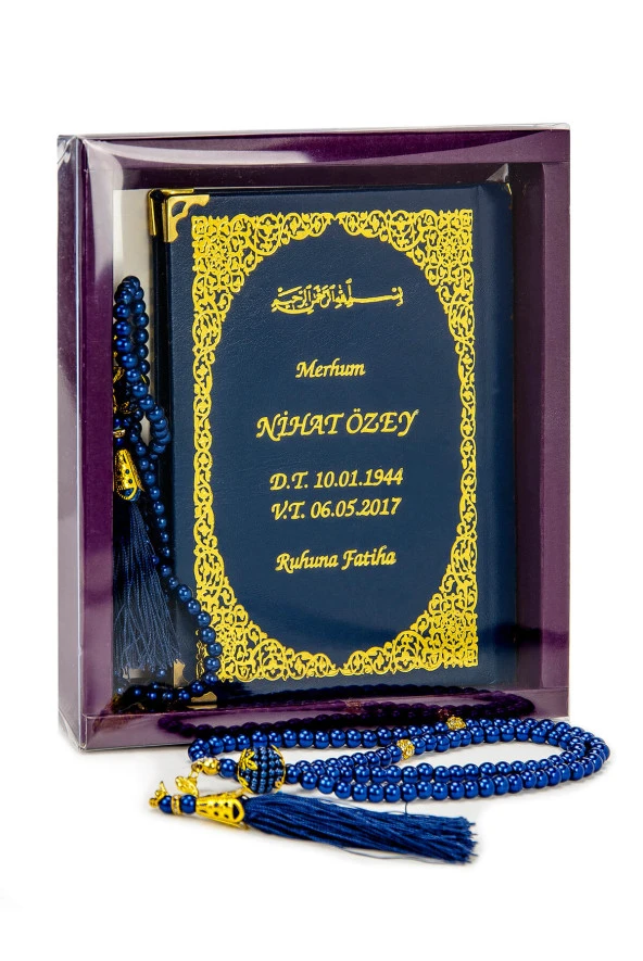 50 ADET - İsim Baskılı Ciltli Yasin Kitabı - Çanta Boy - 128 Sayfa - Kutulu - Vavlı İnci Tesbih - Lacivert Renk - Hediyelik Set ürün görseli 1