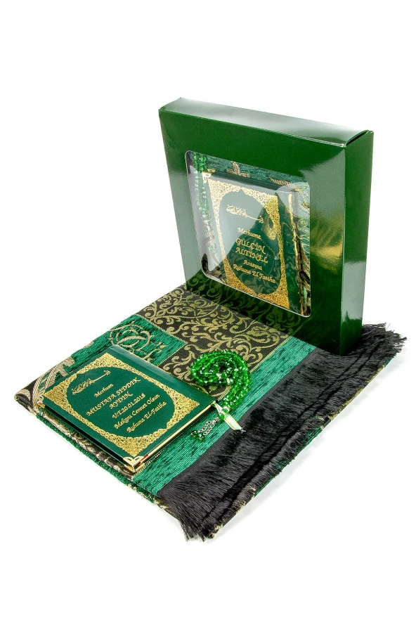 50 ADET - İsim Baskılı Ciltli Yasin Kitabı - Seccadeli - Tesbihli - Kutulu - Yeşil - Mevlit Hediye Seti ürün görseli 1