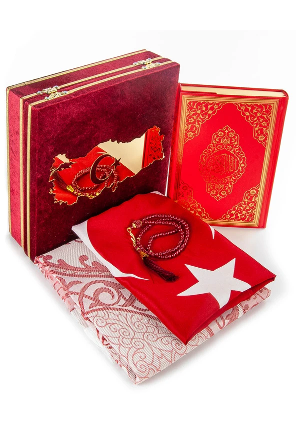 Türkiye Haritalı Bayraklı Kadife Kutulu Kuran ve Seccade Seti Kırmızı ürün görseli 1