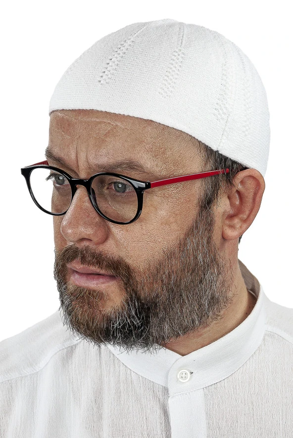 Orlon Örme Kışlık Yün Bere Takke Baklava Desen Beyaz ürün görseli 1