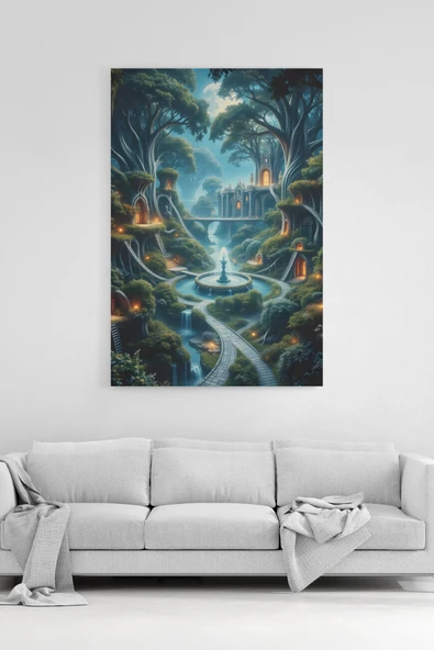 Büyülü Ağaç Evler ve Şelaleler Manzarası Tablosu Yüksek Fantasy Peyzaj Sanatı %100 Pamuk Kanvas ürün görseli 1