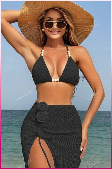 Gül Aksesuarlı Şık Pareo ve Bikini Takımı , Deniz & Plaj Seti ürün görseli 1