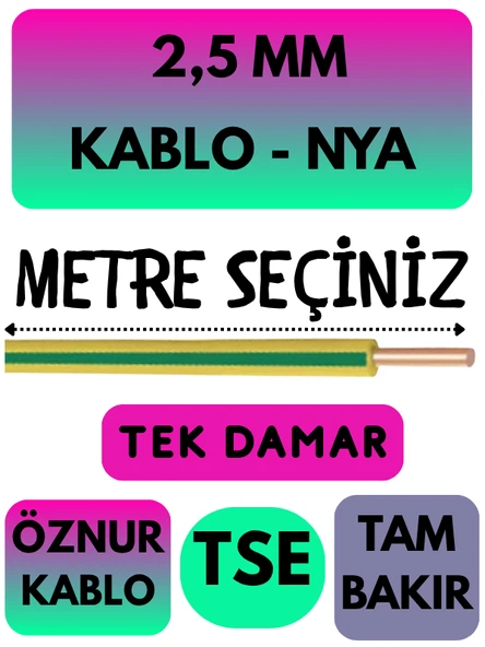 Öznur 2,5 MM NYA Kablo Metre Seçenekli (Sarı-Yeşil) ürün görseli 1