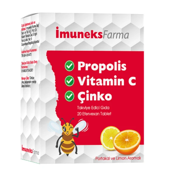 Imuneks Propolis Vitamin C Çinko içeren Takviye Edici Gıda 20 Efervesan Tablet ürün görseli 1