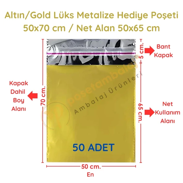 50x70 cm Altın Renk Bantlı Lüks Metalize Hediyelik Poşet (50 Adet) ürün görseli 1