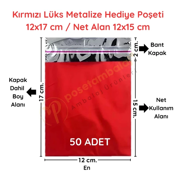 12x17 cm Kırmızı Renk Bantlı Lüks Metalize Hediyelik Poşet (50 Adet) ürün görseli 1