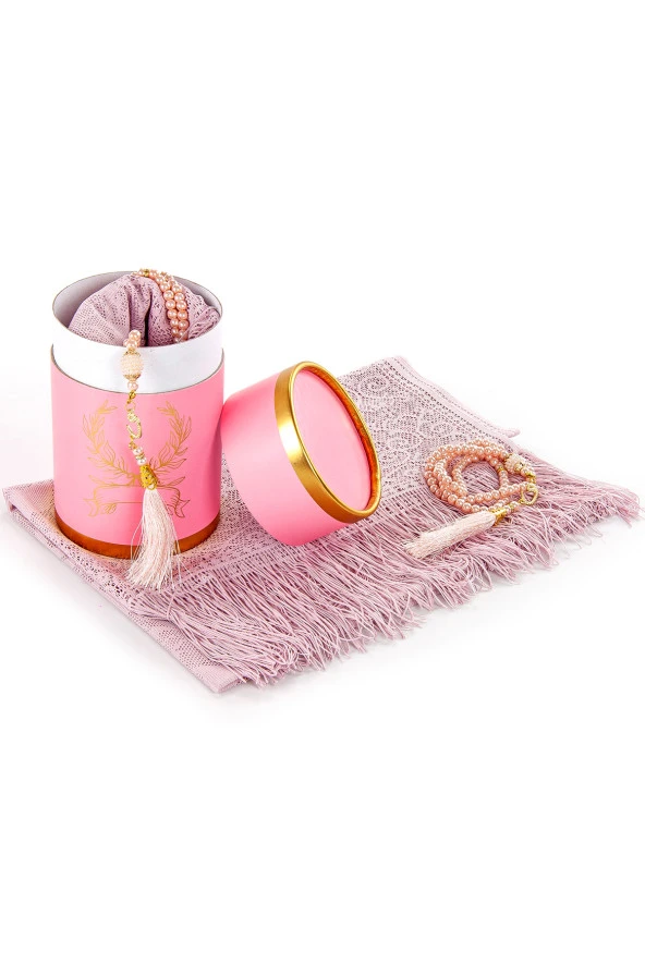 Özel Silindir Kutulu Set İnci Tesbihli Tül Şal Pembe Renk ürün görseli 1