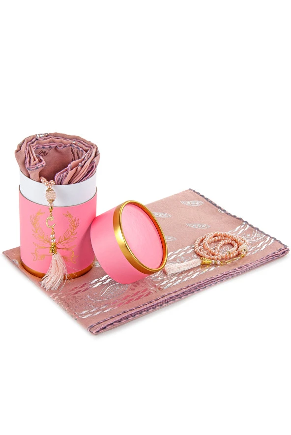 Özel Silindir Kutulu Set İnci Tesbihli Mevlid Örtülü Pembe Renk ürün görseli 1