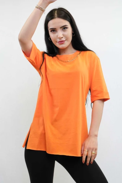 Moda Çizgi Zincir Aksesuarlı Tshirt Turuncu ürün görseli 1