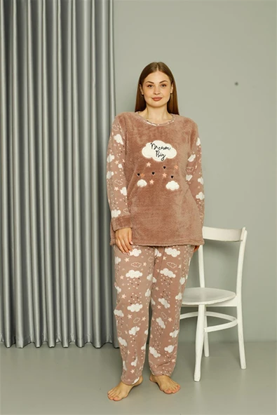 Moda Çizgi Welsoft Polar Kadın Büyük Beden Sütlü Kahve Pijama Takımı 808044 ürün görseli 1