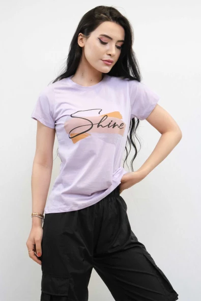 Moda Çizgi Shine Baskılı Tshirt Lila - Resim 3