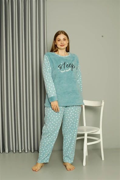 Moda Çizgi Welsoft Polar Kadın Büyük Beden Su Yeşili Pijama Takımı 808046 ürün görseli 1