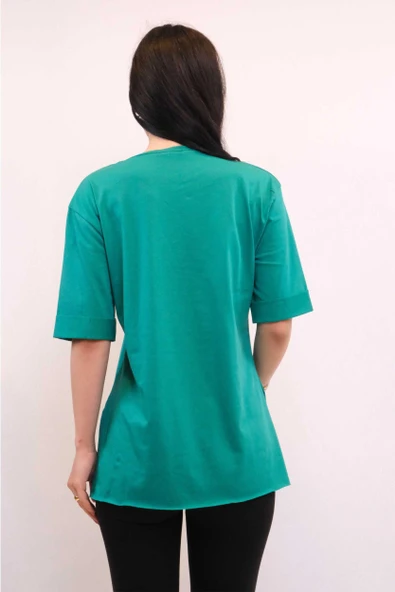 Moda Çizgi Bisiklet Yaka Oversize Tshirt Yeşil - Resim 2