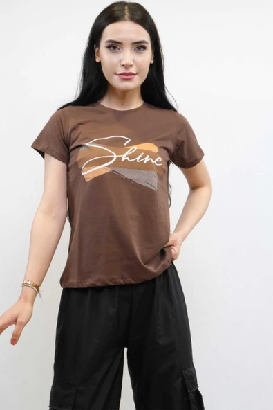Moda Çizgi Shine Baskılı Tshirt Kahve ürün görseli 1