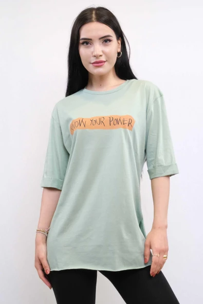 Moda Çizgi Bisiklet Yaka Oversize Tshirt Mint ürün görseli 1