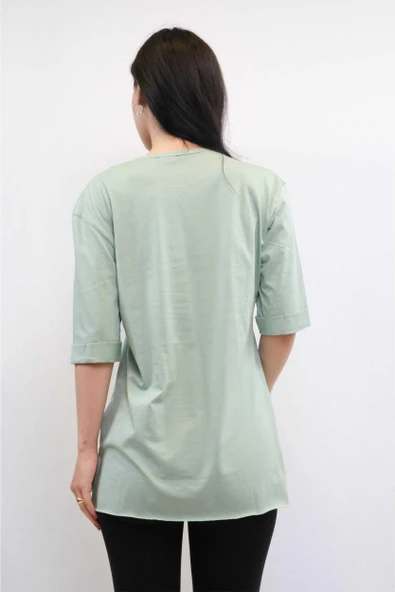 Moda Çizgi Bisiklet Yaka Oversize Tshirt Mint - Resim 2