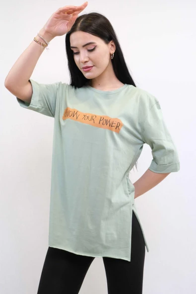 Moda Çizgi Bisiklet Yaka Oversize Tshirt Mint - Resim 3