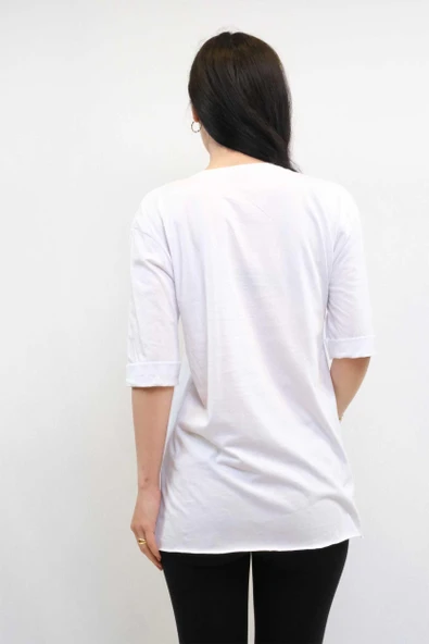 Moda Çizgi Bisiklet Yaka Oversize Tshirt Beyaz - Resim 3