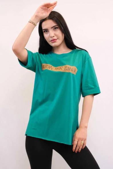 Moda Çizgi Bisiklet Yaka Oversize Tshirt Yeşil - Resim 3