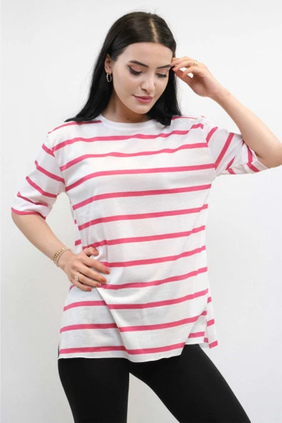 Çizgili Penye Tshirt Pembe ürün görseli 1
