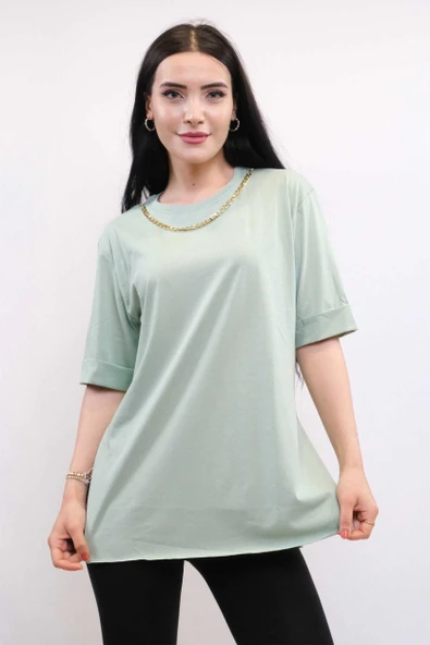 Moda Çizgi Zincir Aksesuarlı Tshirt Mint ürün görseli 1