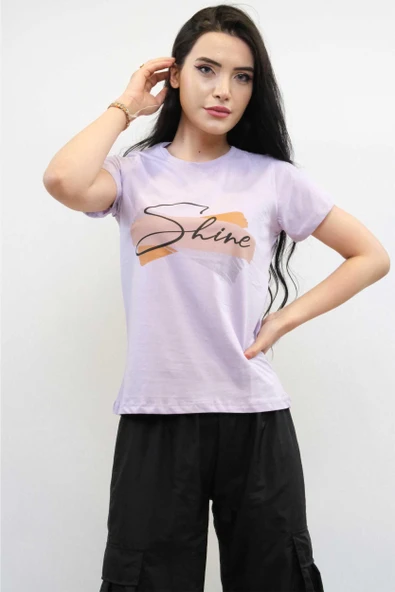 Moda Çizgi Shine Baskılı Tshirt Lila - Resim 2