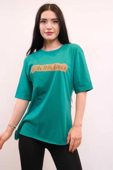 Moda Çizgi Bisiklet Yaka Oversize Tshirt Yeşil ürün görseli 1
