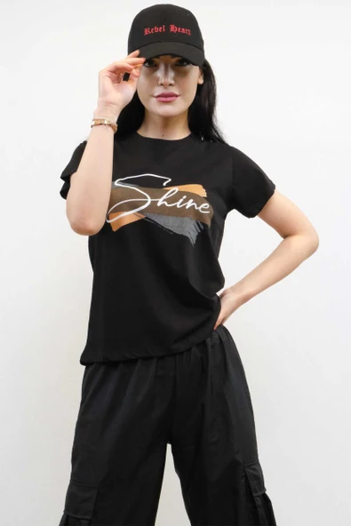 Moda Çizgi Shine Baskılı Tshirt Siyah - Resim 2