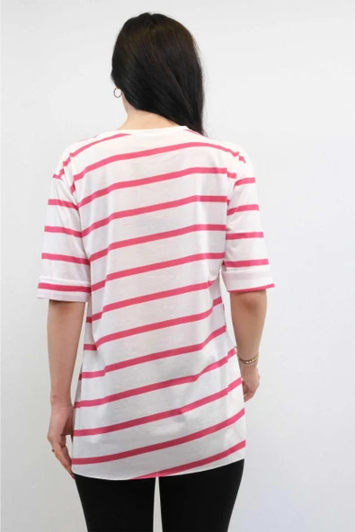 Çizgili Penye Tshirt Pembe - Resim 2