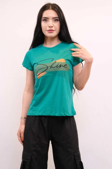 Moda Çizgi Shine Baskılı Tshirt Yeşil ürün görseli 1