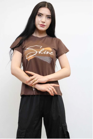 Moda Çizgi Shine Baskılı Tshirt Kahve - Resim 2