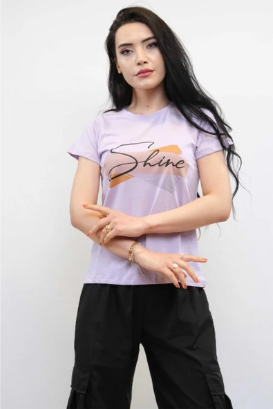 Moda Çizgi Shine Baskılı Tshirt Lila ürün görseli 1