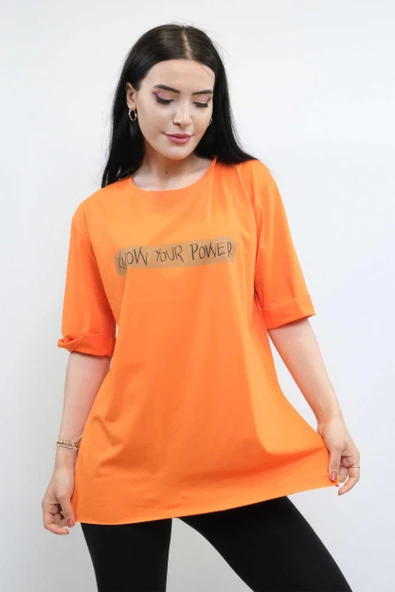 Moda Çizgi Bisiklet Yaka Oversize Tshirt Turuncu - Resim 2