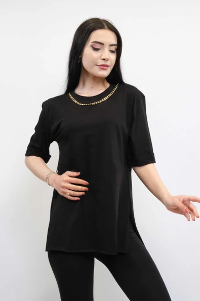 Moda Çizgi Zincir Aksesuarlı Tshirt Siyah ürün görseli 1