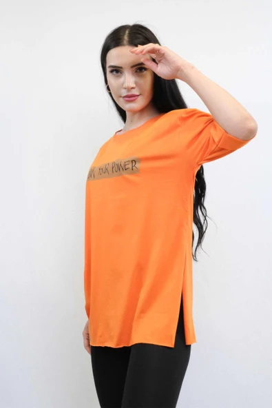 Moda Çizgi Bisiklet Yaka Oversize Tshirt Turuncu ürün görseli 1