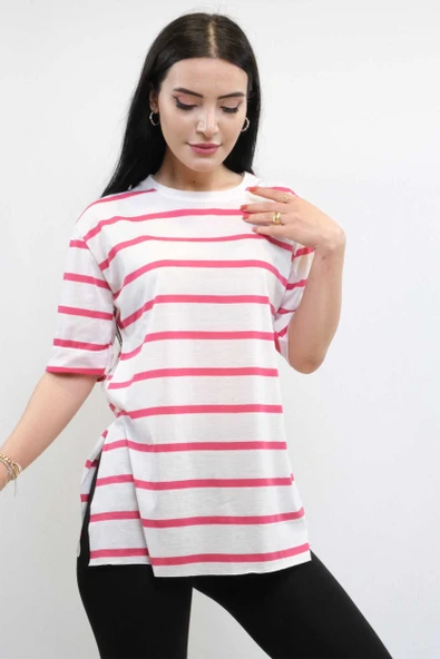 Çizgili Penye Tshirt Pembe - Resim 3