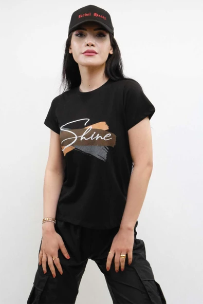Moda Çizgi Shine Baskılı Tshirt Siyah - Resim 3