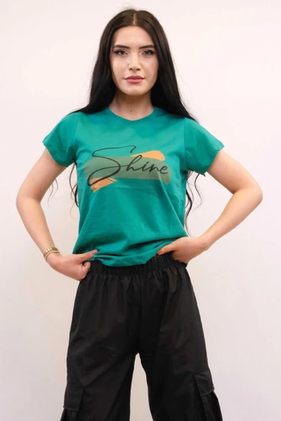 Moda Çizgi Shine Baskılı Tshirt Yeşil - Resim 3