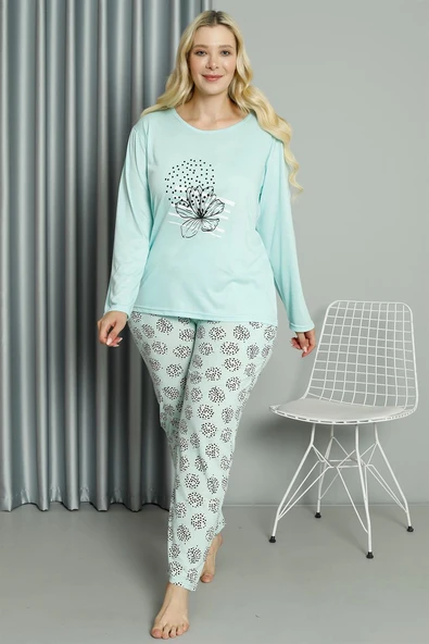 Moda Çizgi Kadın Büyük Beden Penye Uzun Kol Pijama Takım 202211 ürün görseli 1