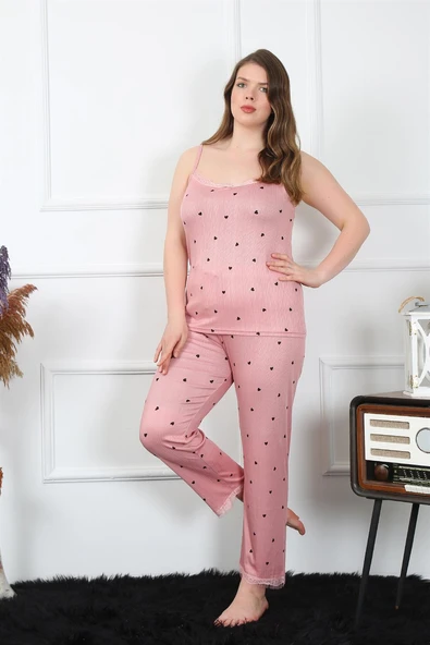 Moda Çizgi Kadın Büyük Beden Somon İp Askılı Pijama Takım 202196 ürün görseli 1