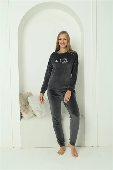 Moda Çizgi Kadın Kadife Füme Pijama Takım 20624 ürün görseli 1