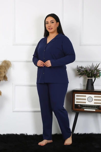 Moda Çizgi Kadın Büyük Beden Pamuklu Cepli Düğmeli Lacivert Pijama Takım 202401 ürün görseli 1