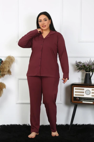 Moda Çizgi Kadın Büyük Beden Pamuklu Cepli Düğmeli Mürdüm Pijama Takım 202401 ürün görseli 1